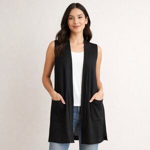 J Jill Black Linen Blend Long Vest Cardigan Petite Medium Pockets